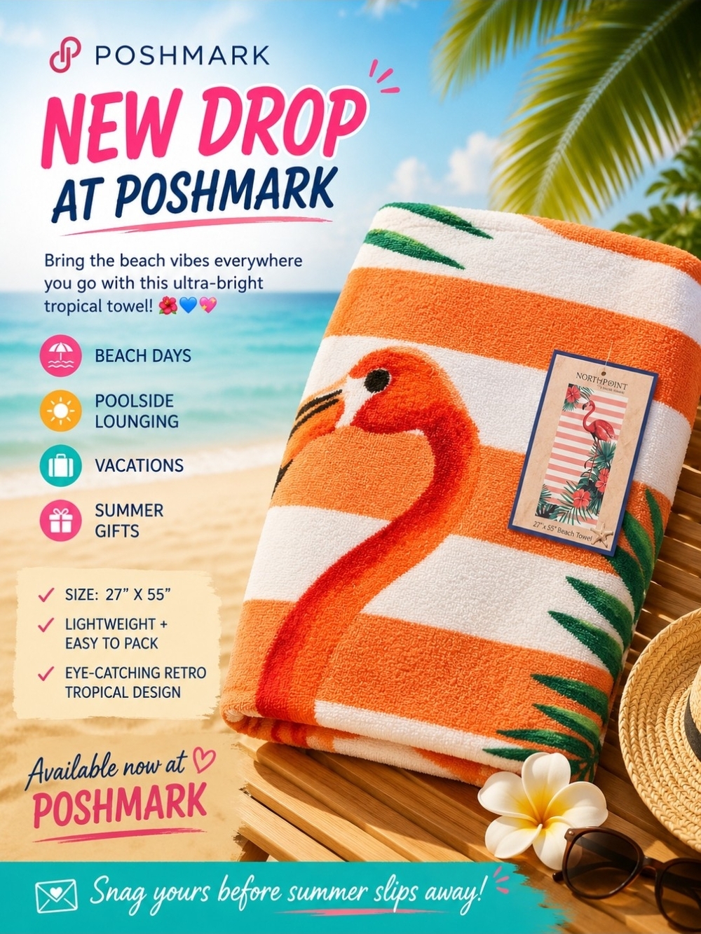 Orange Flamingo Beach Towel - Tropical Stripe